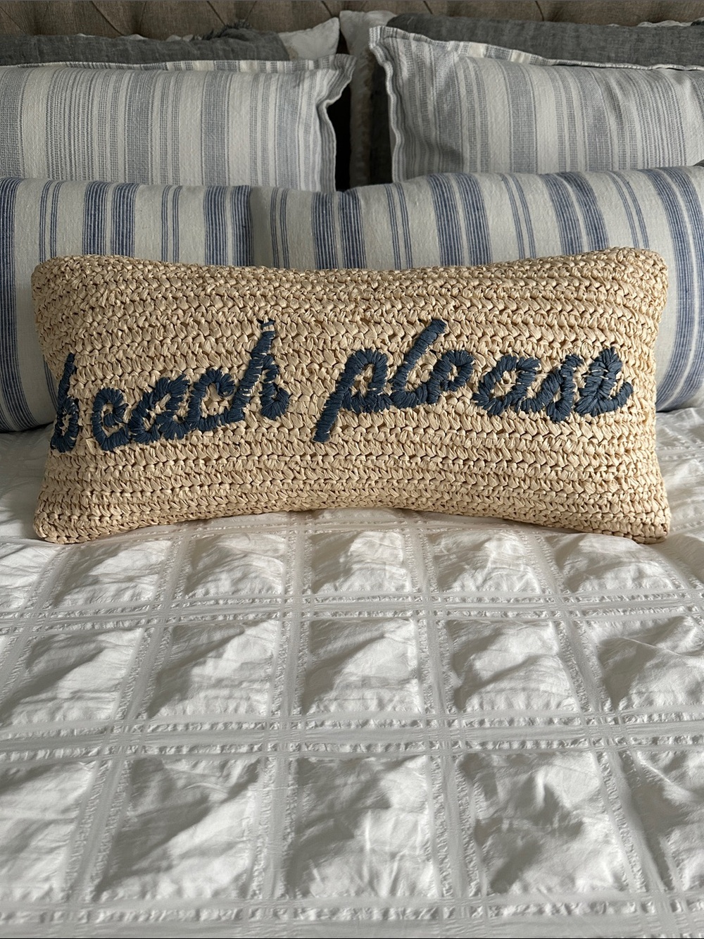 Pottery Barn Natural Braided Raffia Beach Please Lumbar Pillow 24 by 12”
